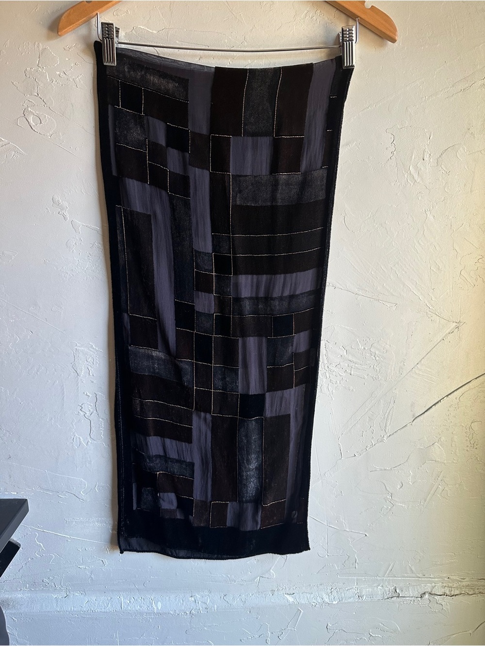 Abstract Burnout Velvet Art Scarf Black Brown Avant Garde Art To Wear 58x13